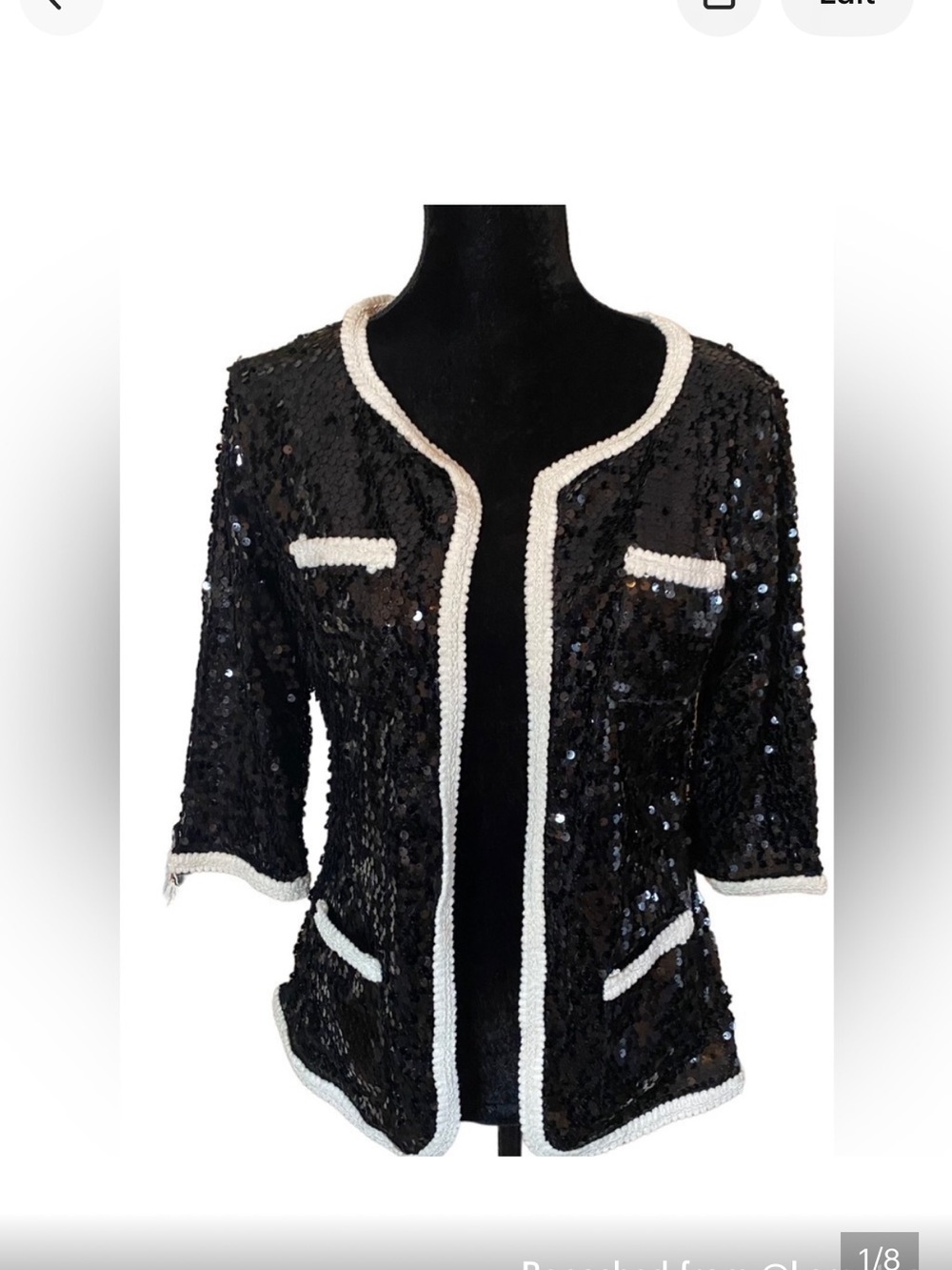 IMAN Black Sequin Open Front Jacket‎ White Trim 3/4 Sleeve Small Evening Shrug